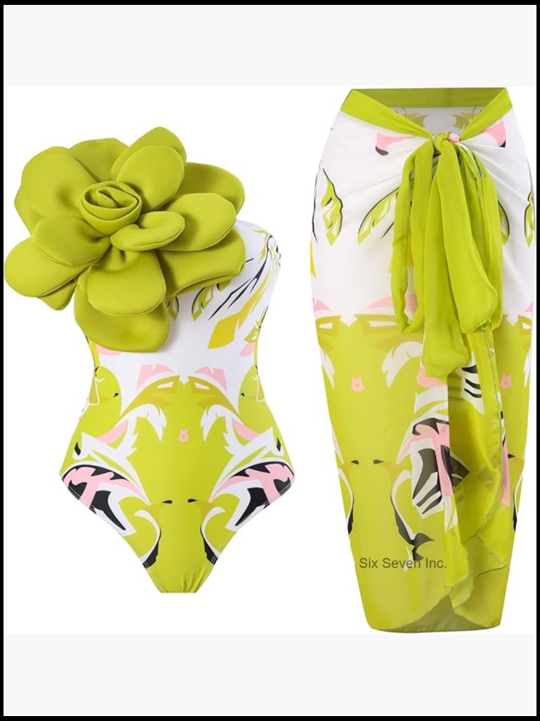 One Shoulder One Piece Swimsuit With 3d Flowers & Coverup Set